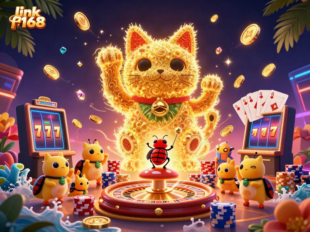 Engage with link f168 through a vibrant 3D illustration of a lucky cat symbolizing fortune in a casino setting.