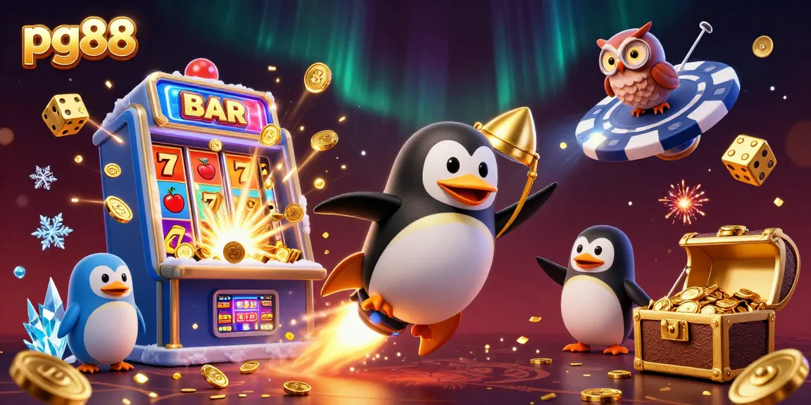 Experience excitement playing pg88 slots with a golden penguin amidst a jackpot explosion.