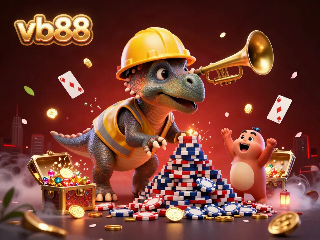 Experience the excitement of vb88 with a vibrant scene of cheerful dinosaurs celebrating in a casino-themed environment.
