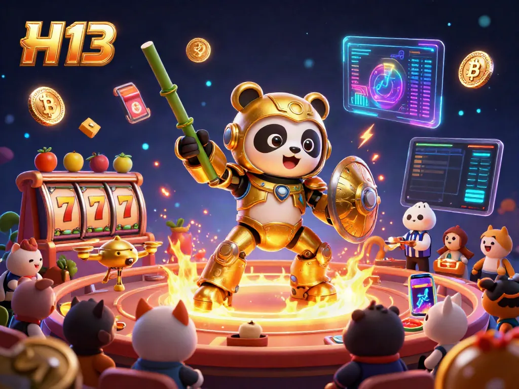 Engage in thrilling casino action at H 13 with golden panda mech battling amidst neon energy.