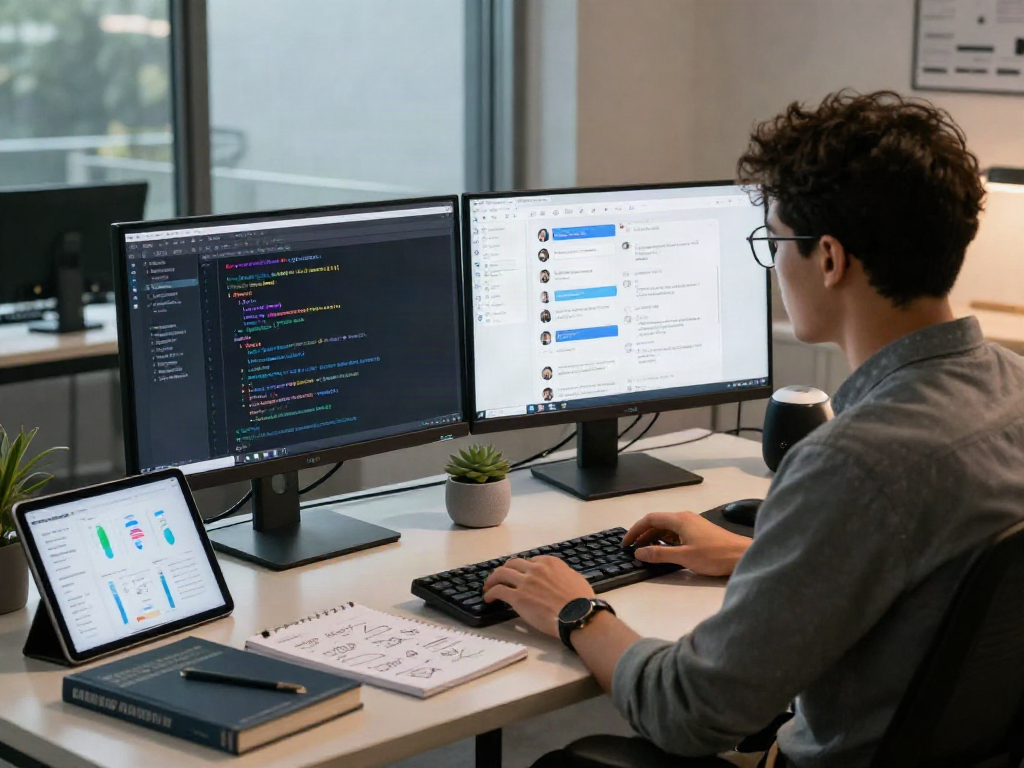 Engaging scene of a developer working on an AI NSFW chat application in a modern office.