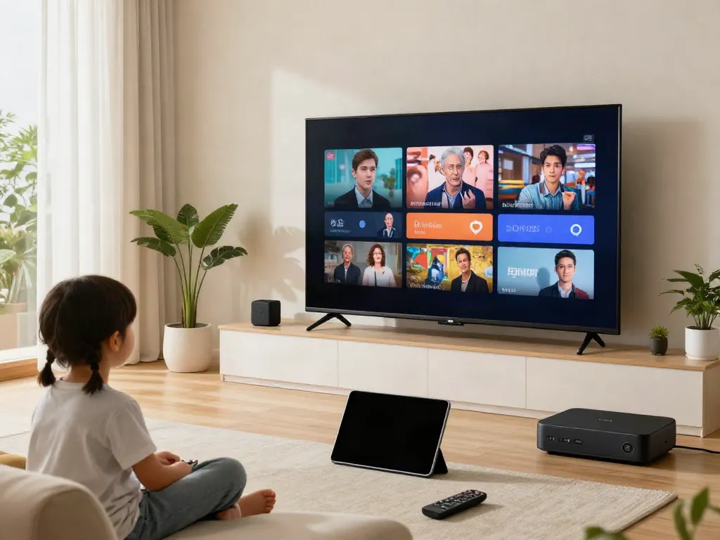 Family enjoying IPTV italia programs in a cozy living room with multiple devices.