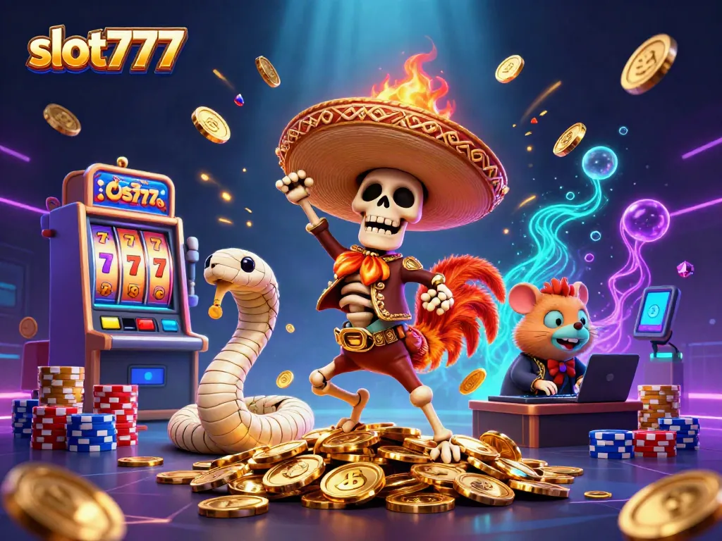 Engage with slot777 through a vibrant 3D scene showcasing a mariachi rooster and friends dancing amidst golden coins and slot reels.