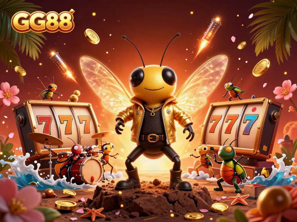 Experience thrilling wins at GG88 with dynamic 3D illustrations of casino gameplay immersed in vibrant elements.