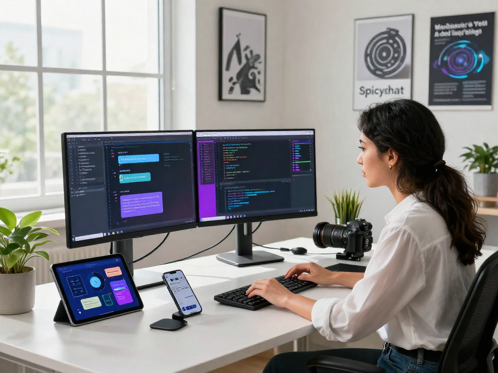 Developer coding on dual monitors in a modern workspace, focusing on spicychat app design amidst tech gadgets.