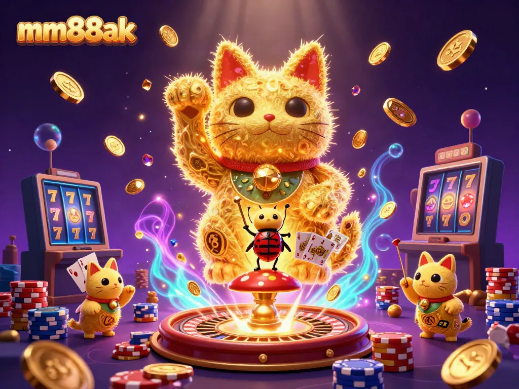 Engage with thrilling gameplay at mm88ak featuring a dynamic casino scene with lucky cat and sparkling gems.