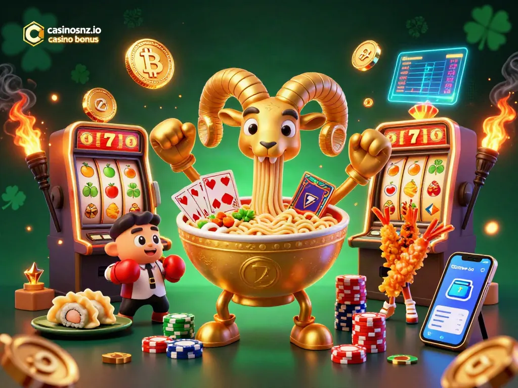 Win at casinosnz.io casino bonus with a vibrant 3D illustration of animated characters, slots, and crypto elements.
