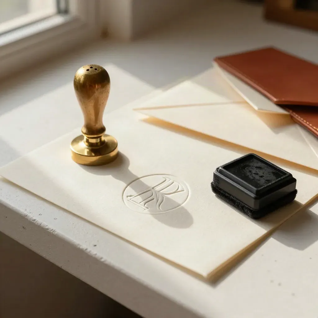 Monogramma a rilievo su carta cotone con timbro in ottone, in studio luminoso.