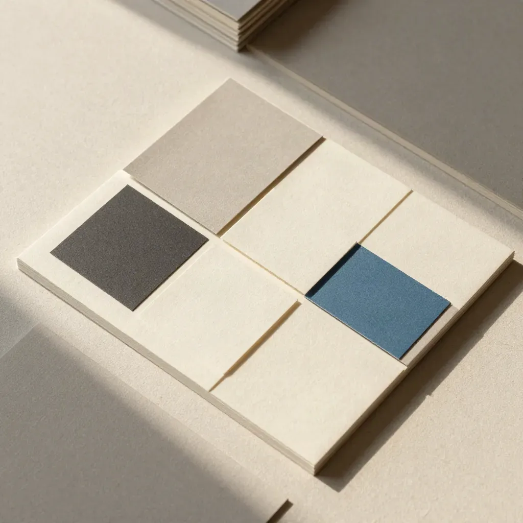 Flat lay di identità di marca con campioni colore, cartelle piegate e card in lino blu petrolio.
