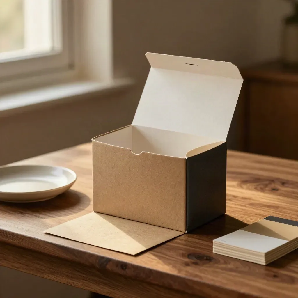 Mockup packaging con scatole kraft, fogli etichette e ceramica su banco caldo.