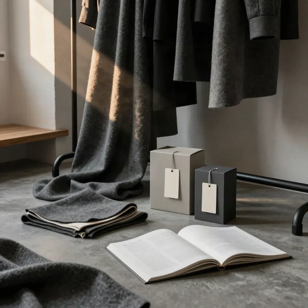 Angolo atelier con abiti neri su rail, scatole opache e lookbook chiuso nella luce radente.