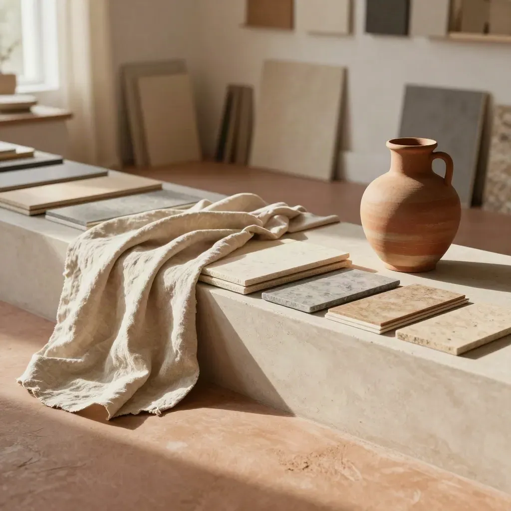 Campionario creativo con tessuti, pietre e un vaso in ceramica su fondo luminoso.
