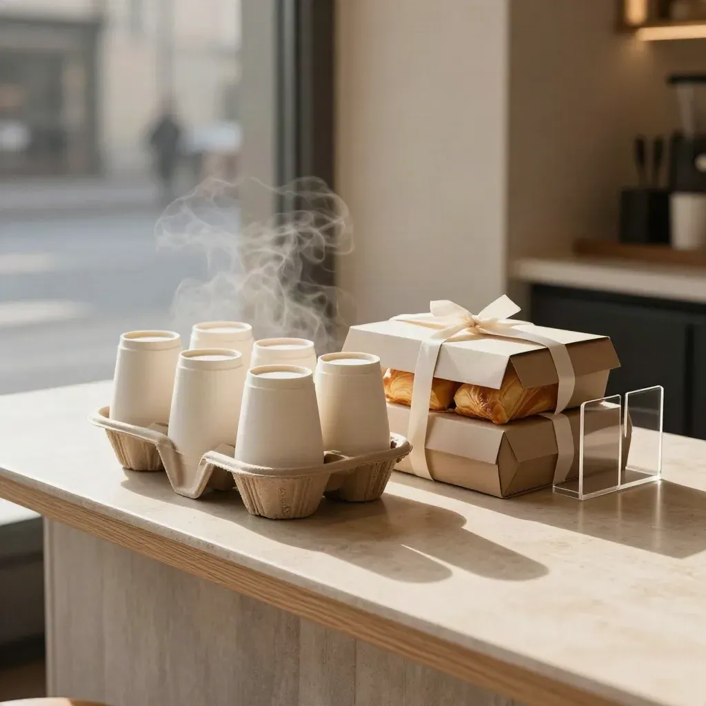 Banco del caffè con tazze takeaway, scatola dolci e vetrina luminosa all’alba.