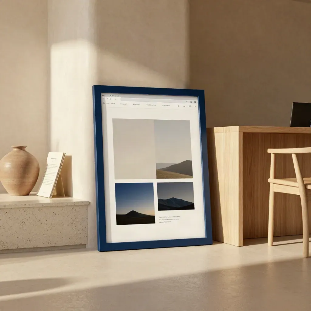 Nook studio luminoso con mockup sito, brochure, vaso in ceramica e sedia in legno.