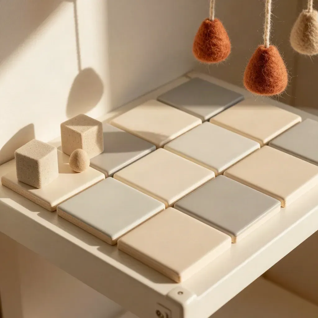 Kit social per nursery con tile cromatiche, blocchi morbidi e mobile in feltro su mensola chiara.