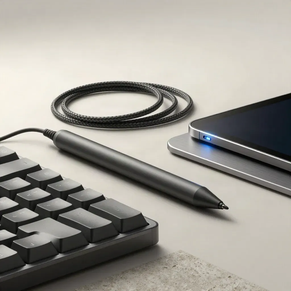 Still life macro di stylus, keycap e tablet con riflessi blu petrolio