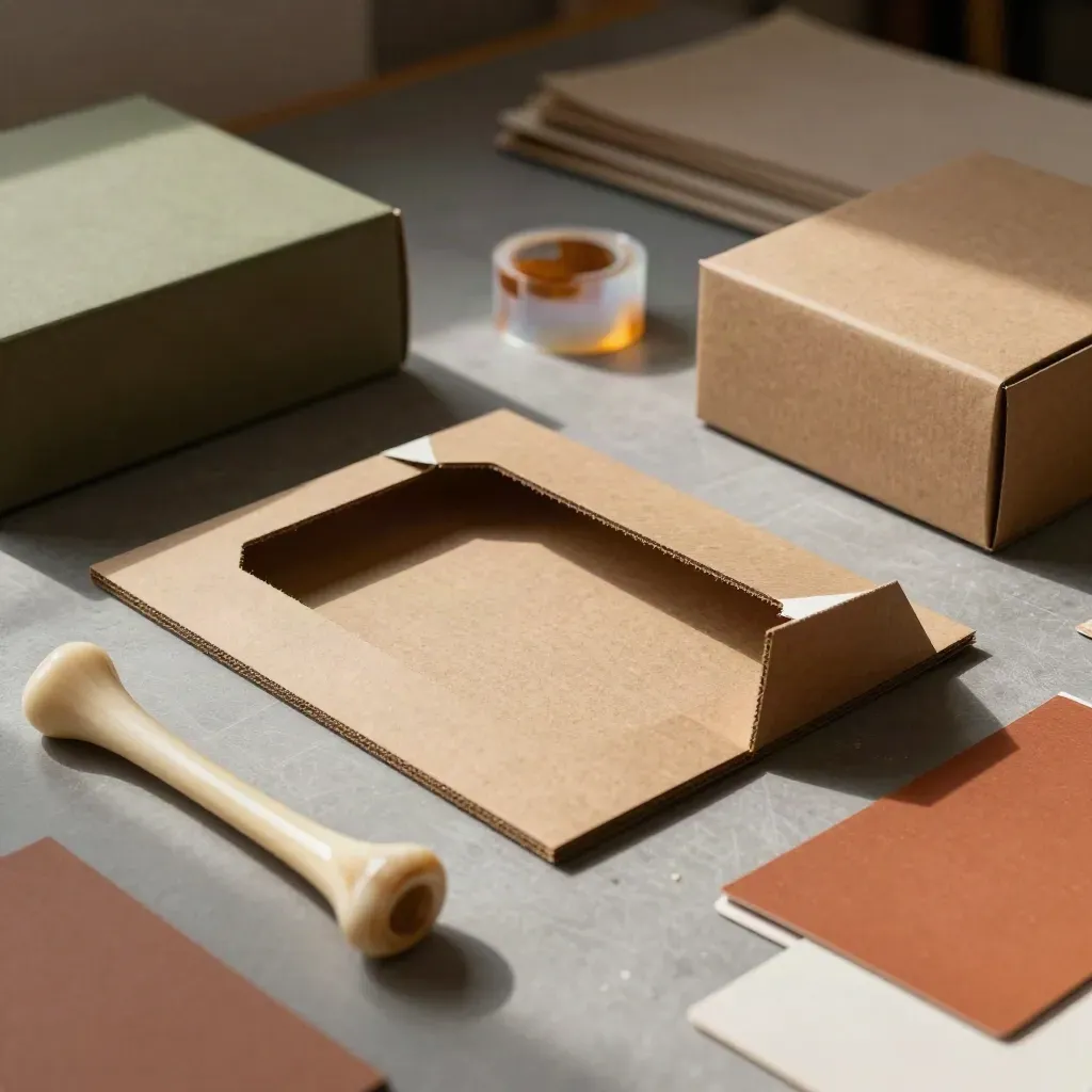 Still life di progettazione packaging con cartone, piegacarta, nastro e campione terracotta