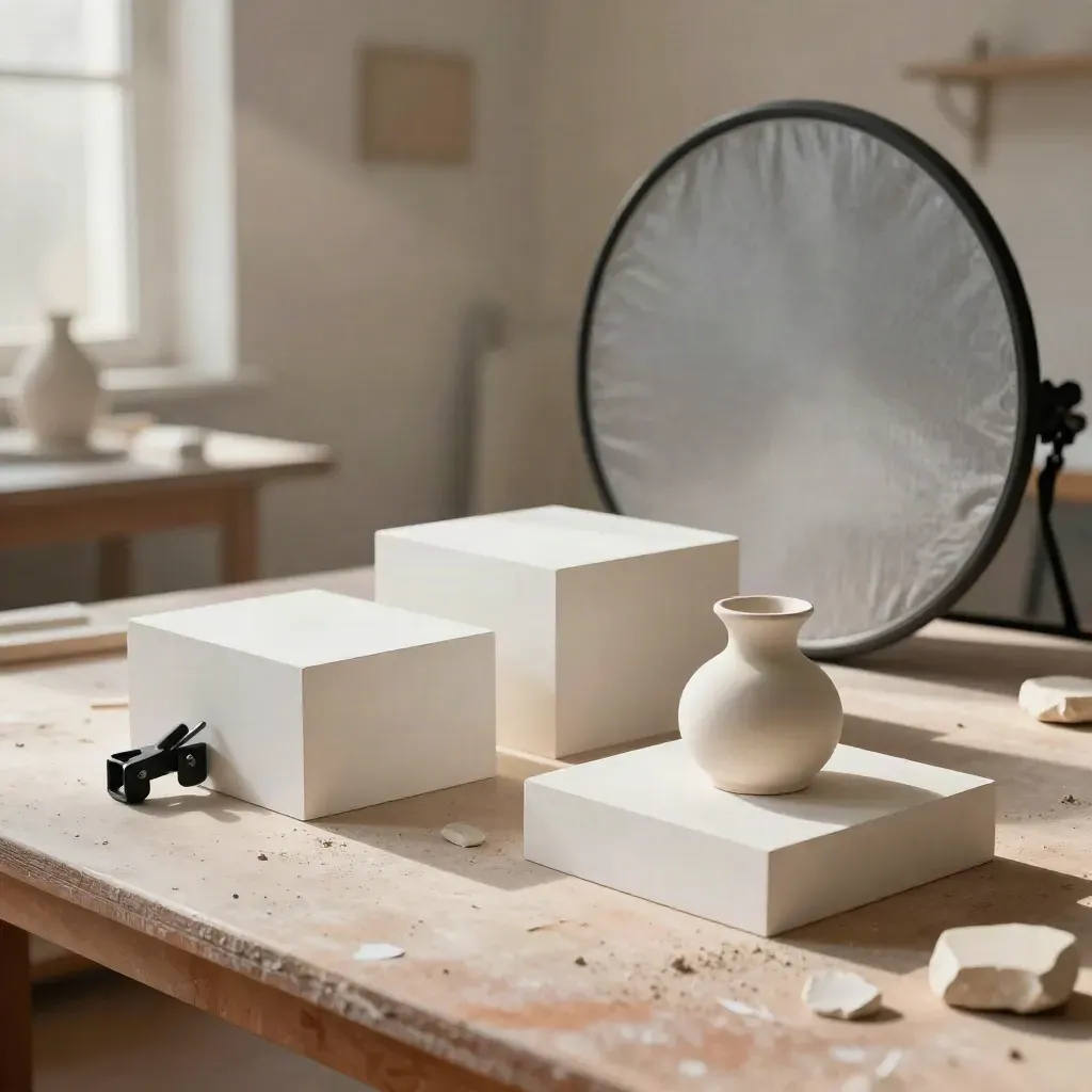 Plinti bianchi, morsetto nero e forma ceramica in uno studio di design