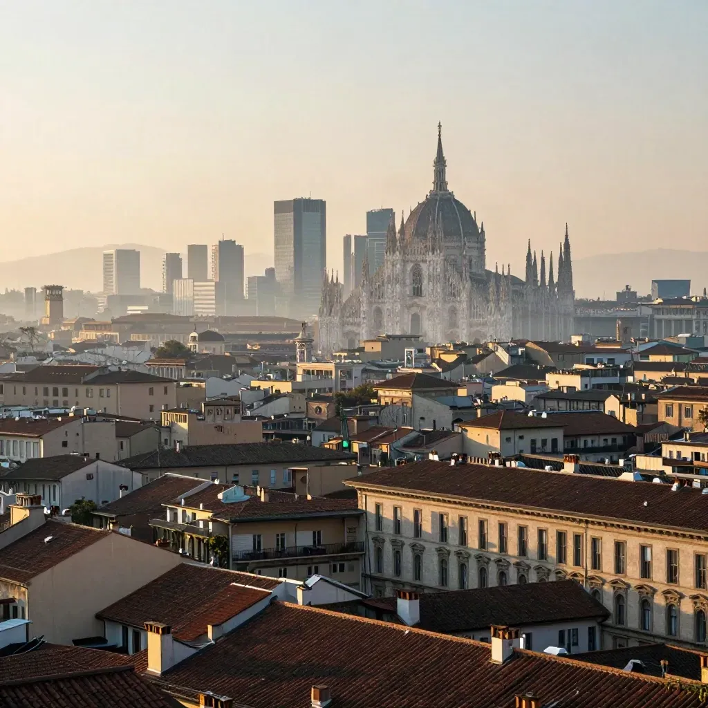 Milano all’alba con tetti in cotto, Duomo alto in scena e nebbia luminosa.