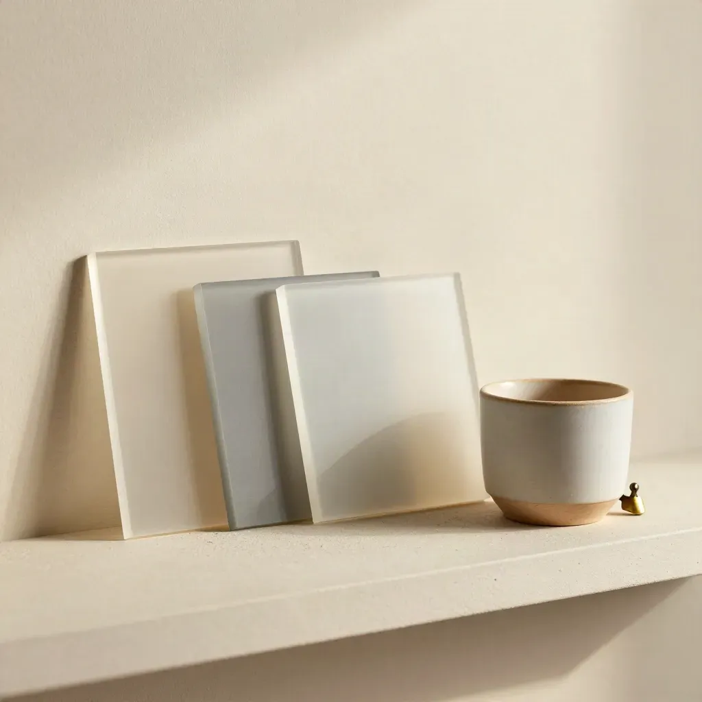 Tre tile traslucide, tazza in ceramica e clip in ottone su mensola chiara.
