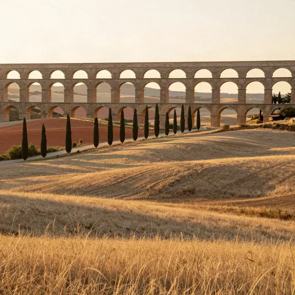 Acquedotto romano al tramonto con cipressi e campagna laziale, atmosfera calda e ampia