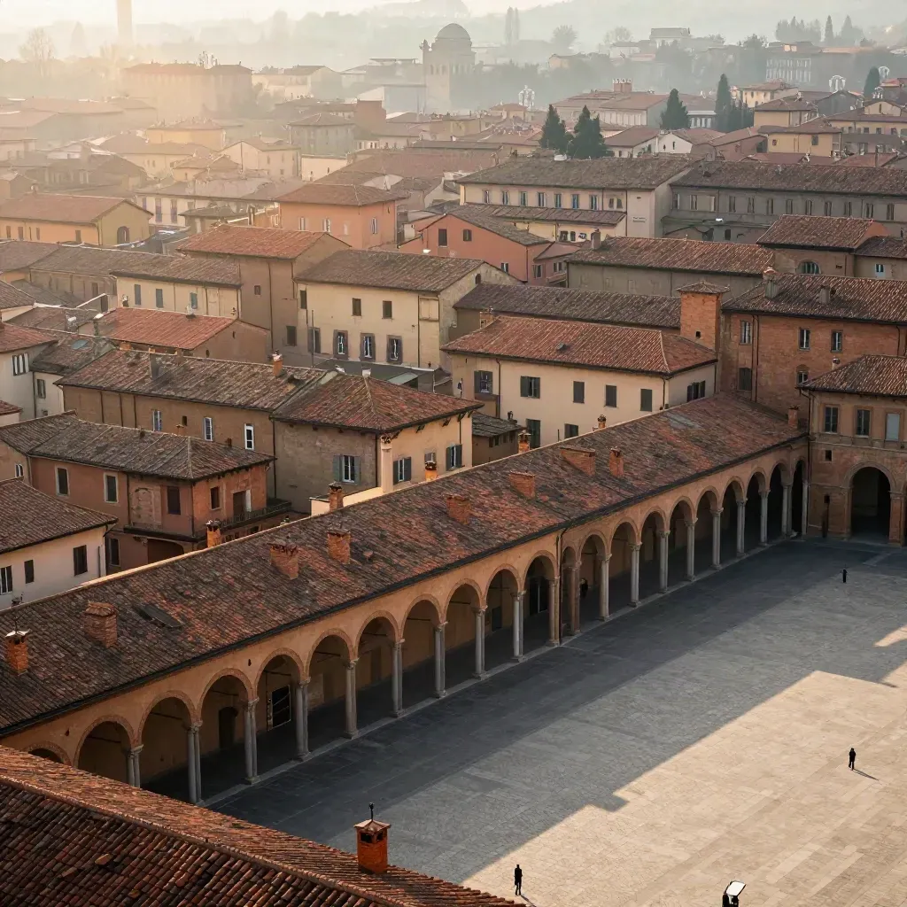 Veduta elevata di Bologna con tetti in terracotta e portici immersi nella nebbia dorata.