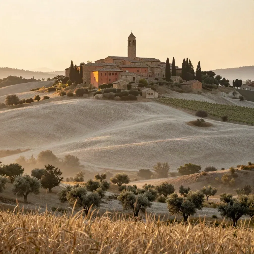 Panorama toscano con borgo collinare, cipressi e vigne chiare nella luce serale