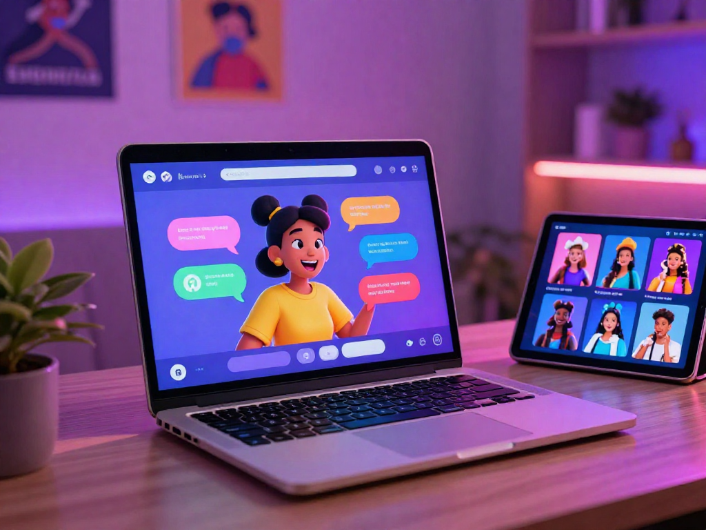 A lively AI sex chat scene depicting engaging conversations and character interactions on a sleek laptop.