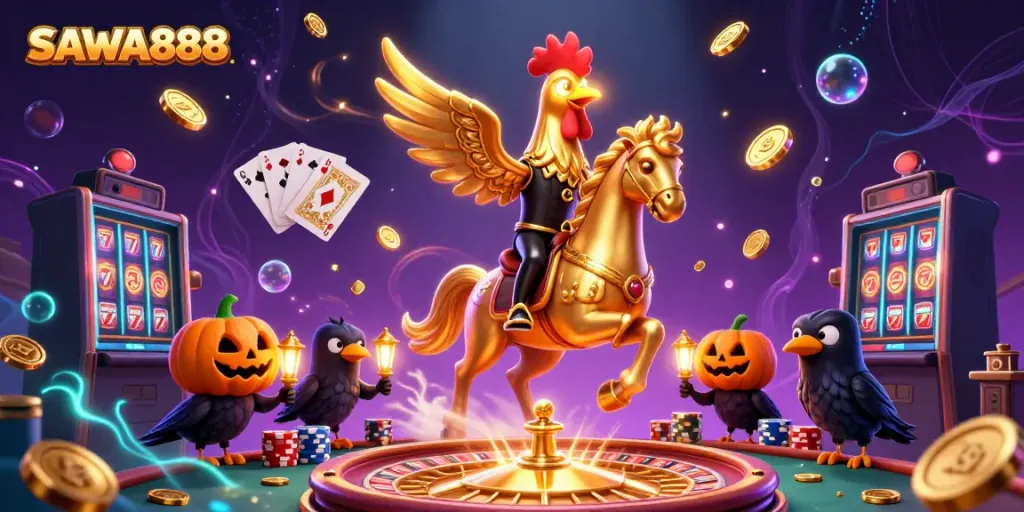 Experience thrilling action at SAWA888 with a vibrant casino scene featuring unique characters and game elements.