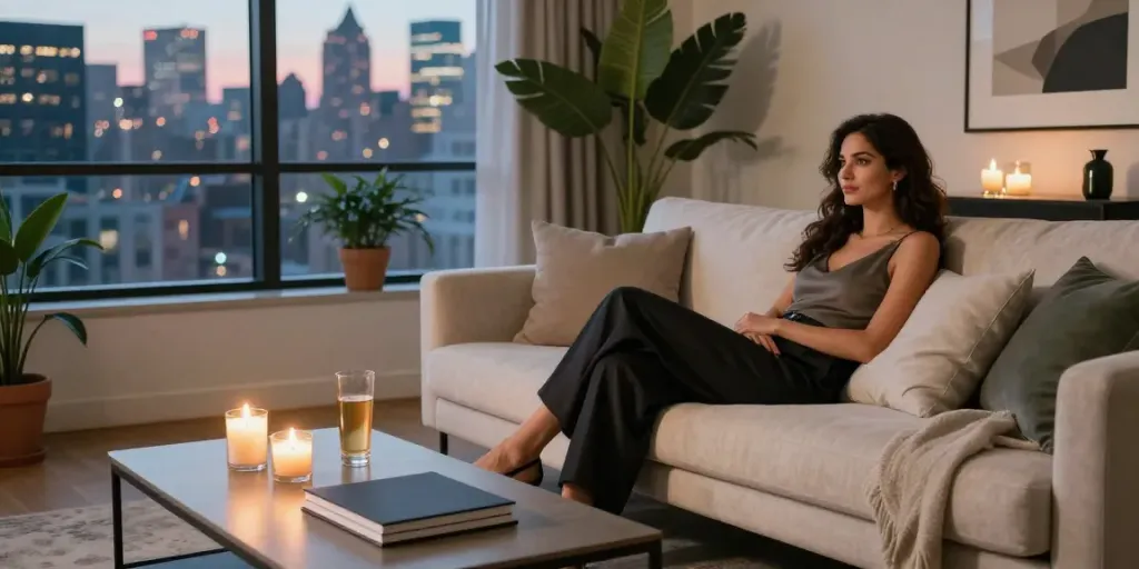 Elegant living room scene with a sophisticated woman enjoying her evening, embodying the essence of נערות ליווי.