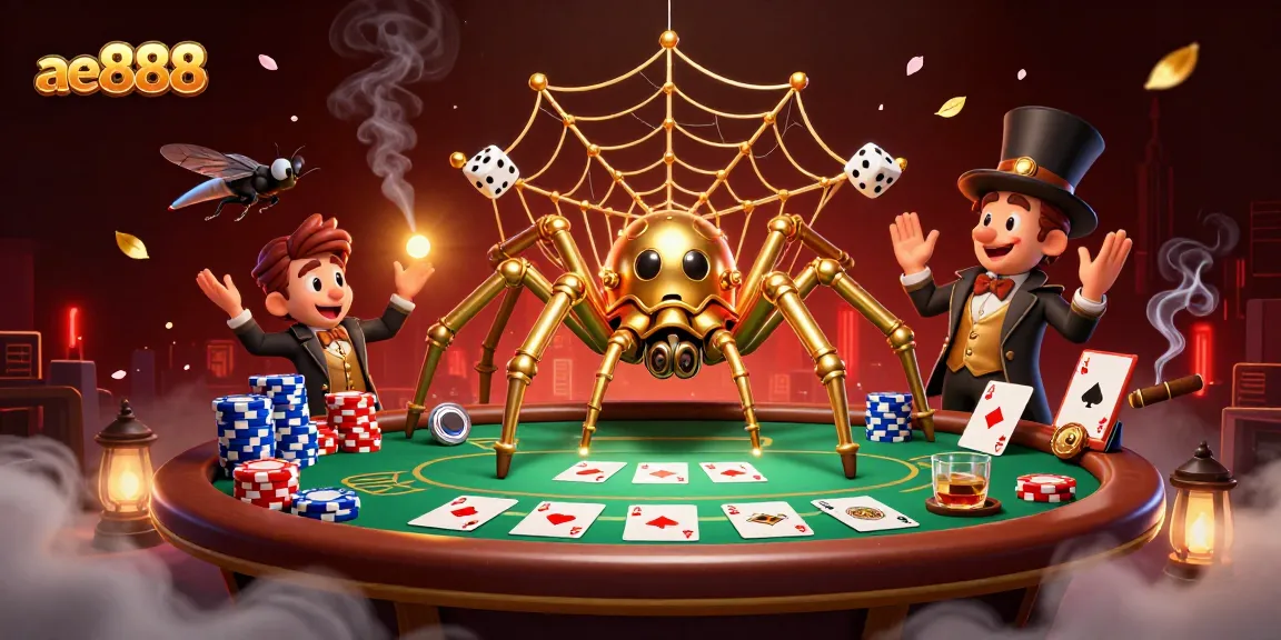 Engage with ae888's thrilling 3D casino scene featuring poker stakes and a whimsical spider.