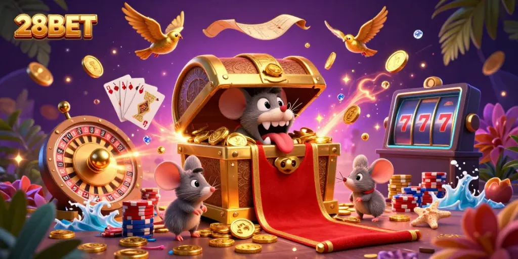 Experience gambling excitement with 28BET's cartoon scene showcasing riches and dynamic casino elements.