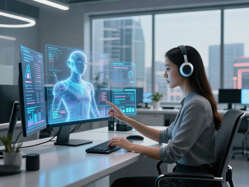 Engaging scene of a woman using slut ai in a high-tech workspace with holographic displays and a city view.